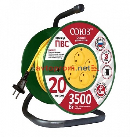 Удлинитель силовой СОЮЗ на катушке 20м, 3500Вт, ПВС 2х1,0 б/заземления (481S-3302)