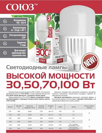 Лампа светодиодная СОЮЗ 50Вт Е27 220В Т140 повышенной мощности (1298) в Автопром